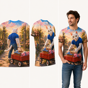 Front Gate Wagon Wave — All-Over Print T-Shirt — inferred back, side and adult model views from approved front artwork
