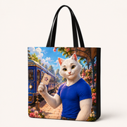 Garden Train Ticket black canvas tote — representative three-quarter view; front artwork only