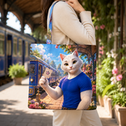 Garden Train Ticket canvas tote — representative shoulder-carry lifestyle view; front artwork only