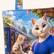 Garden Train Ticket canvas tote — representative cotton canvas, reinforced handle stitching and front print detail