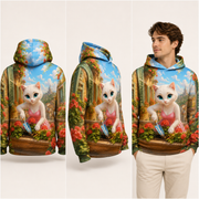 Geranium Window Garden all-over print hoodie — inferred back, three-quarter side, and adult model views