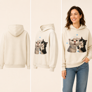 Glass-Face Magnifier Pullover Hoodie — inferred back, side and adult model views from approved front artwork