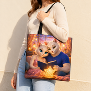 Representative shoulder-worn view of Goodnight Star Lamp Black full-face canvas tote; front artwork only
