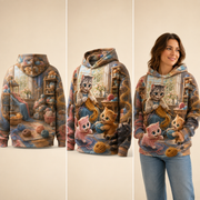 Grandma's Yarn Weather Pullover Hoodie — inferred back, side and adult model views from approved front artwork