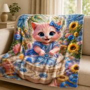 Representative sofa view of one Handmade Showcase fleece blanket with the color-printed face clearly visible
