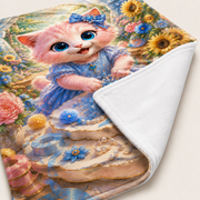 Handmade Showcase fleece blanket detail showing the printed face, solid white reverse, polyester fleece texture and finished stitched edge