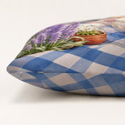 Herb Patch Soup Lunch throw pillow cover — representative polyester print, edge stitching and concealed zipper detail