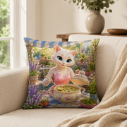 Herb Patch Soup Lunch throw pillow — representative sofa styling with cover and polyester insert