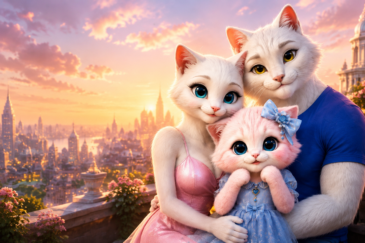 The Fluffy Fam mother, father and pink kitten together in their story world