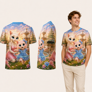 Hula-Hoop Fountain Spin — All-Over Print T-Shirt — inferred back, side and adult model views from approved front artwork