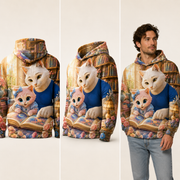 Illustrated Album Snuggle all-over print hoodie — inferred back, three-quarter side, and adult model views