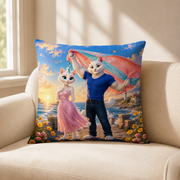 Jetty Scarf Sail throw pillow with polyester insert, representative sofa lifestyle view of front artwork