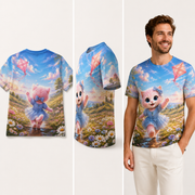 Kite Launch Hill — All-Over Print T-Shirt — inferred back, side and adult model views from approved front artwork