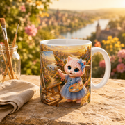 Representative lifestyle visualization of the Landscape Easel Glow ceramic mug on a bright artist terrace