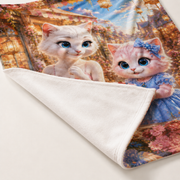 Representative folded-corner detail of Lantern Table Last Slice fleece blanket showing printed face, white reverse and finished edge