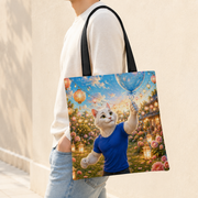 Representative shoulder-worn view of Last Balloon Catch Black full-face canvas tote; front artwork only