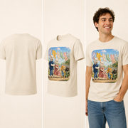 Laundry Line Parade — Unisex Adult T-Shirt — inferred back, side and adult model views from approved front artwork