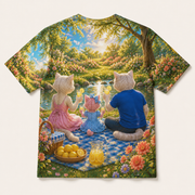Lemonade Splash Picnic — All-Over Print T-Shirt — inferred back view with complementary rear artwork — The Fluffy Fam
