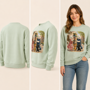 Library Return Squad crewneck sweatshirt — inferred plain back, three-quarter side, and adult model views