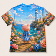 Lighthouse Garden Splash — All-Over Print T-Shirt — inferred back view with complementary rear artwork — The Fluffy Fam