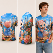 Lighthouse Garden Splash all-over print T-shirt — inferred back, three-quarter side, and adult model views