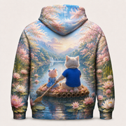 Lily Inlet Raft Push — All-Over Print Hoodie — inferred back view with complementary rear artwork — The Fluffy Fam