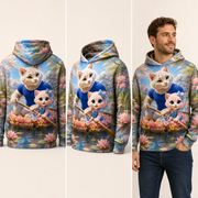 Lily Inlet Raft Push all-over print hoodie — inferred back, three-quarter side, and adult model views