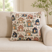 Representative sofa view of Little House Repeat Pattern throw pillow with the Cover plus polyester insert option