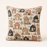 Little House Repeat Pattern double-sided throw pillow, representative rear three-quarter view with the same printed house-and-cat repeat