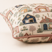 Little House Repeat Pattern throw pillow detail showing polyester weave, printed artwork, stitching and concealed bottom zipper