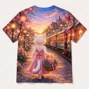 Little Train Basket Balance — All-Over Print T-Shirt — inferred back view with complementary rear artwork — The Fluffy Fam