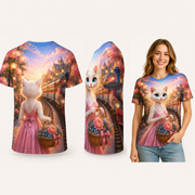 Little Train Basket Balance — All-Over Print T-Shirt — inferred back, side and adult model views from approved front artwork