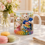 Representative lifestyle visualization of the Macaron Color Cascade ceramic mug on a bright bakery table