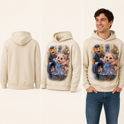 Mailbox Confetti Pullover Hoodie — inferred back, side and adult model views from approved front artwork