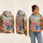 Maraca Morning all-over print hoodie — inferred back, three-quarter side, and adult model views