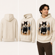 Meeting Hijacker pullover hoodie — inferred plain back, three-quarter side, and adult model views