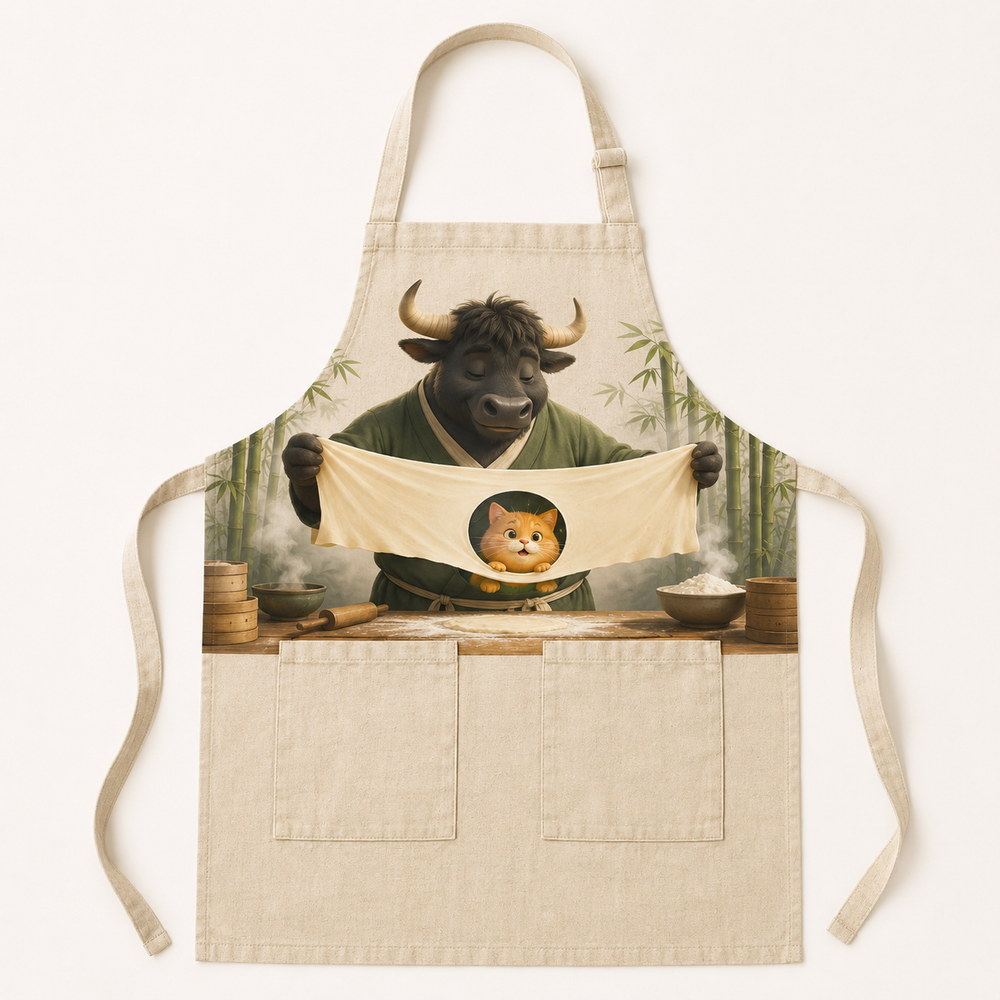 Natural linen apron with an ox mentor stretching a noodle sheet as an orange cat student peeks through.