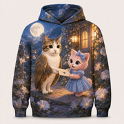 Midnight Mail all-over print hoodie front view with Meowl delivering an envelope to Pink Kitten