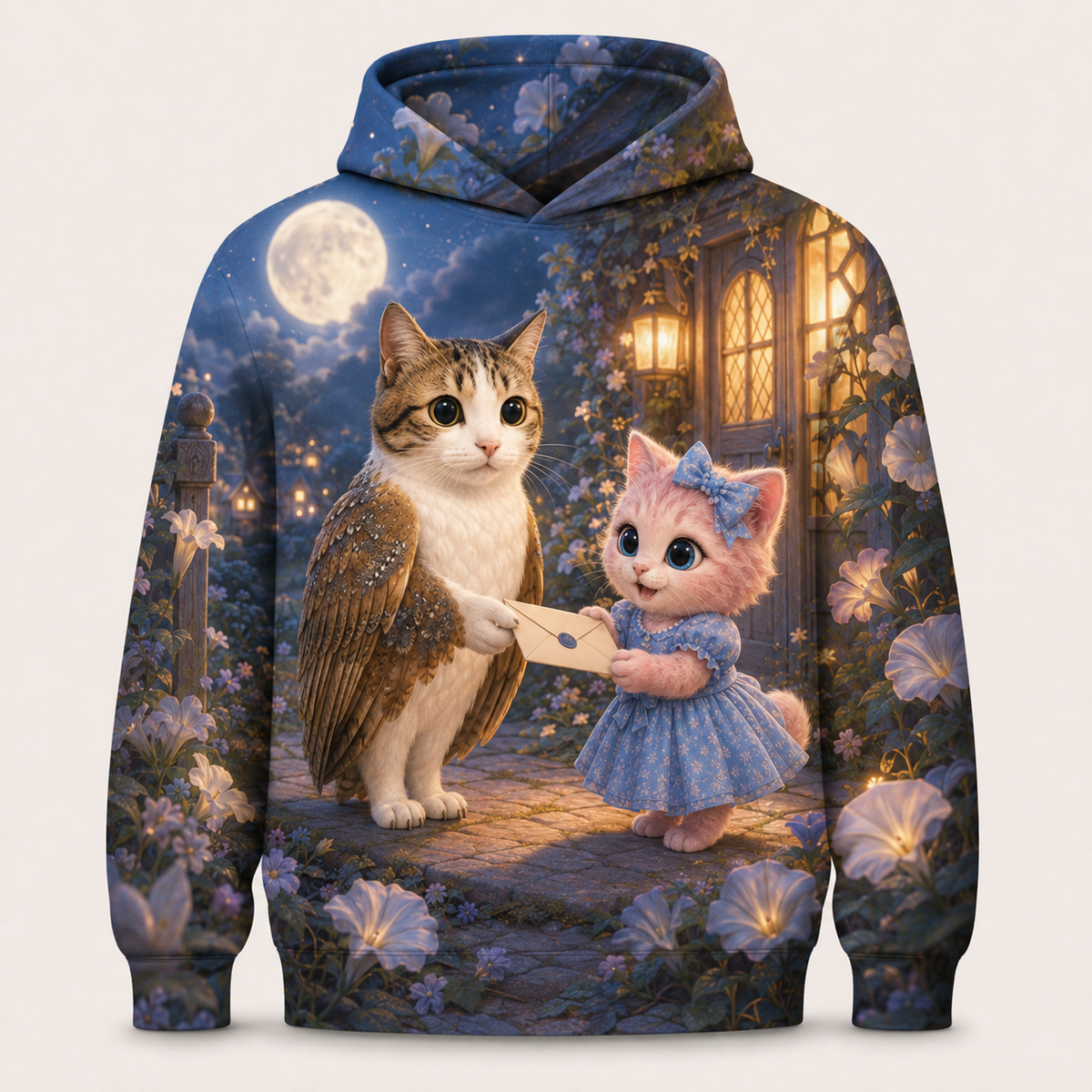 Midnight Mail all-over print hoodie front view with Meowl delivering an envelope to Pink Kitten