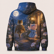 Midnight Mail all-over print hoodie standalone back view with Meowl leaving along the moonflower path