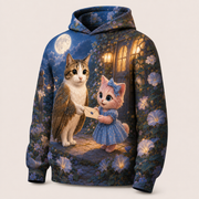 Midnight Mail all-over print hoodie three-quarter view showing continuous moonflower artwork and pocketless construction