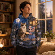 Adult model wearing the Midnight Mail all-over print hoodie in a warm evening reading nook