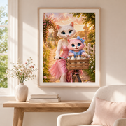 Representative framed family-room visualization of Milk Crate Bicycle Chime art print; print sold unframed, frame and mat not included
