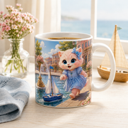 Model Sailboat Breeze Run ceramic mug, representative lifestyle visualization in a bright coastal morning nook