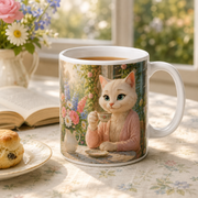 Mom Cat Tea Break ceramic mug representative garden-room lifestyle scene — The Fluffy Fam