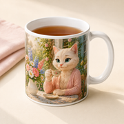 Mom Cat Tea Break ceramic mug glaze, rim and tea detail — The Fluffy Fam