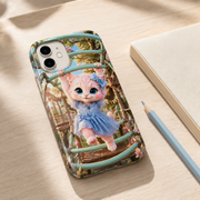 Monkey-Bar Mint Reach tough phone case on a pale wood desk with the Pink Kitten artwork visible; props not included