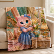 Representative sofa view of one Moonflower Bedtime Glow fleece blanket with the color-printed face clearly visible