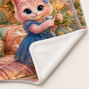 Moonflower Bedtime Glow fleece blanket detail showing the printed face, solid white reverse, polyester fleece texture and finished stitched edge