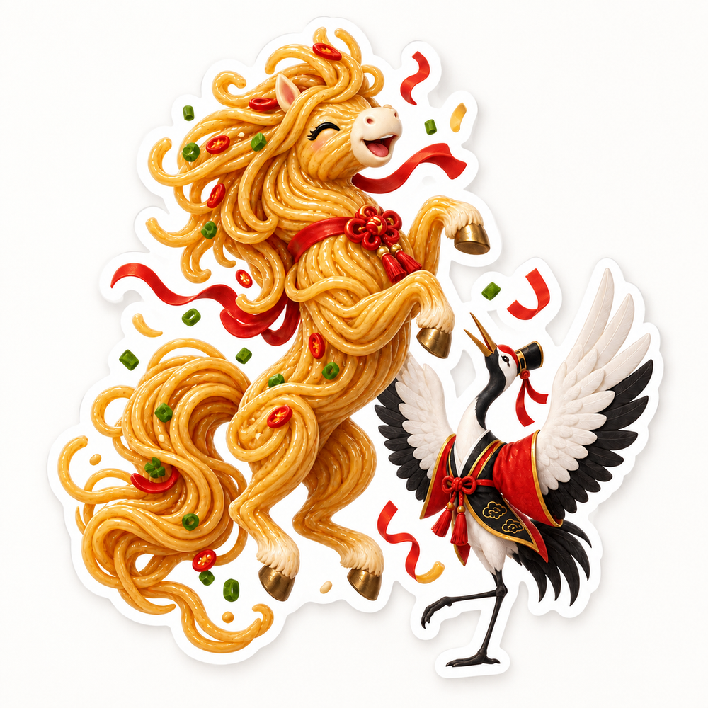 Golden noodle horse leaps beside a red-and-black robed white crane on a premium die-cut sticker.